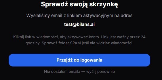 Mail aktywacyjny od bilans.ai z przyciskiem potwierdzenia adresu email