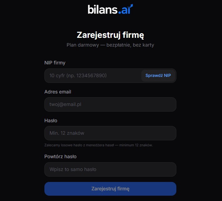 Formularz rejestracji firmy w bilans.ai — pola: email, hasło, NIP firmy