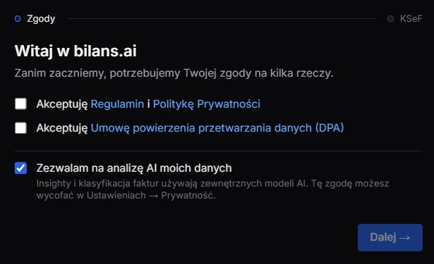 Ekran zgód formalnych pokazywany po pierwszym zalogowaniu — regulamin, polityka prywatności, DPA